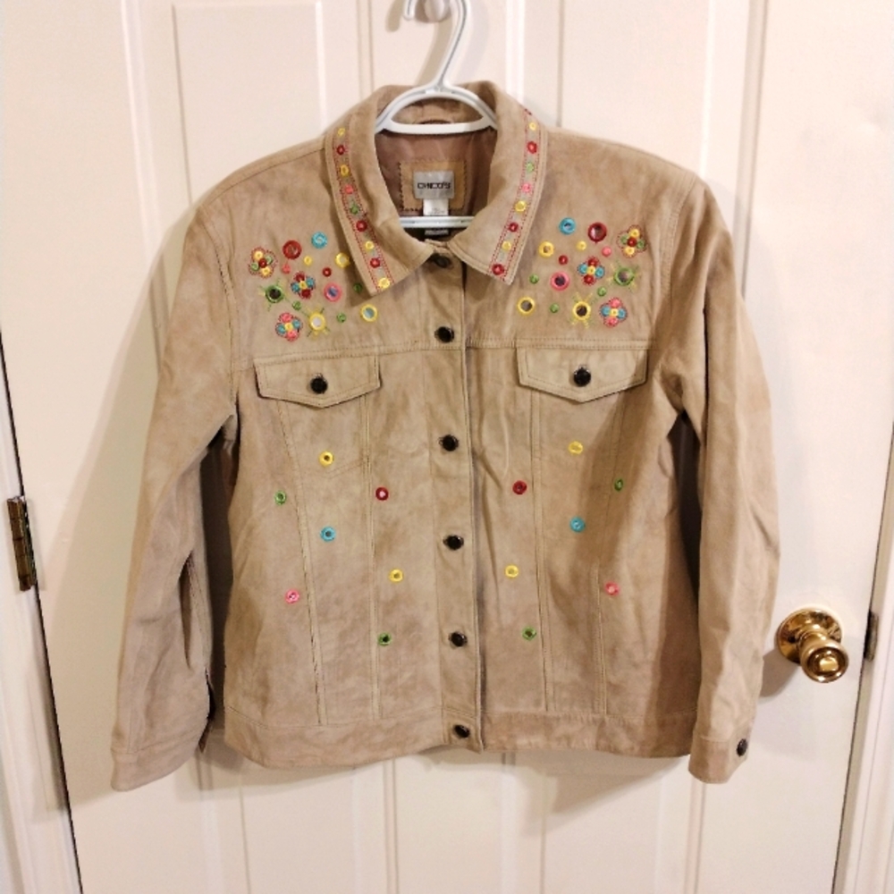 Chico's Cream leather Jacket with Colorful Embroidery size 10 Chico's size 2